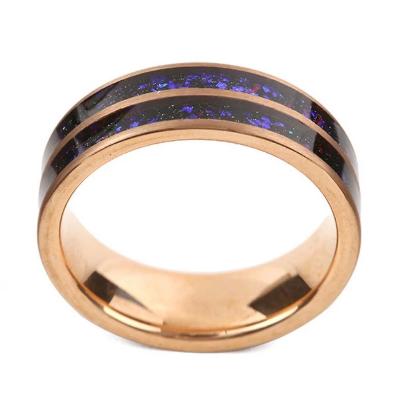 Großhandel 8 mm doppelte Band mit Black Goldstone & Opal Inlay | Roségold Elektroplattiert & mattes Sandstrahlungs -Tungsten -Ehering China Hersteller