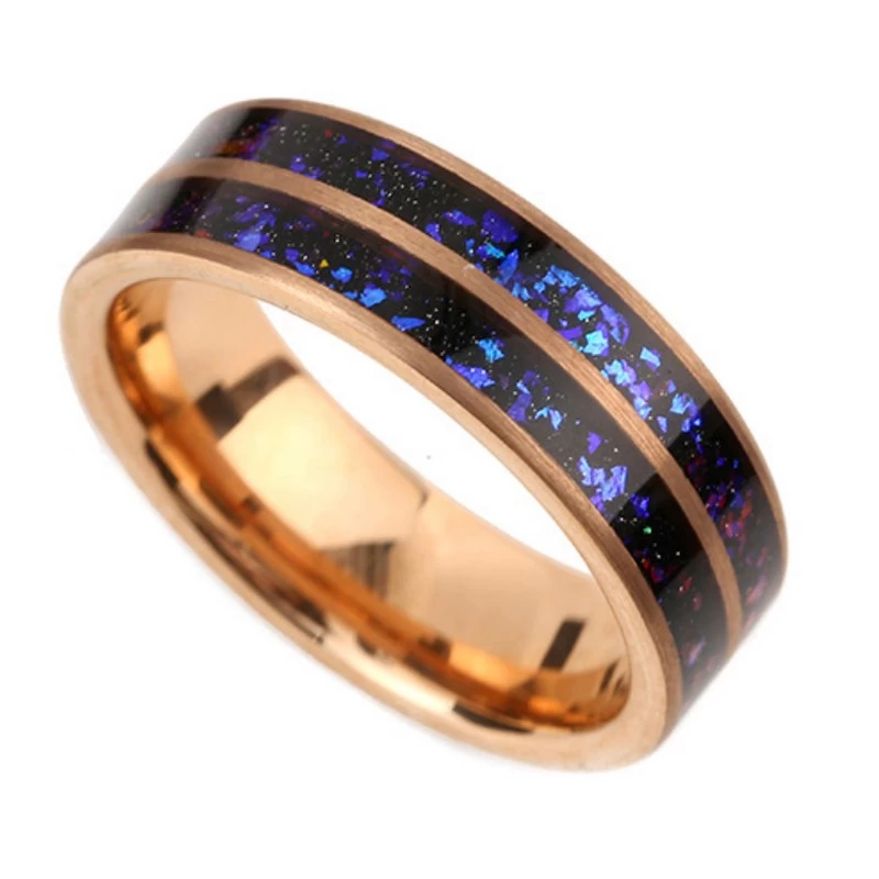 Großhandel 8 mm doppelte Band mit Black Goldstone & Opal Inlay | Roségold Elektroplattiert & mattes Sandstrahlungs -Tungsten -Ehering China Hersteller
