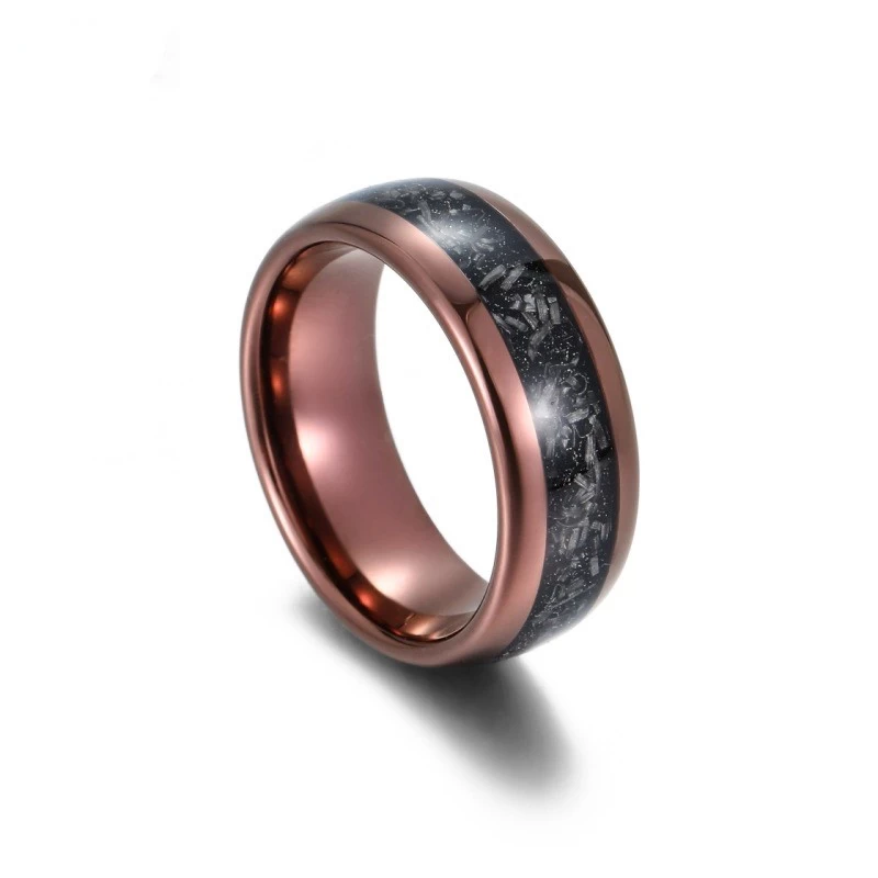 8mm Coffee Plating Domed Meteorite Tungsten Carbide Ring Brown Tungsten Wedding Bands with Chipped Iron Inlay China Supplier
