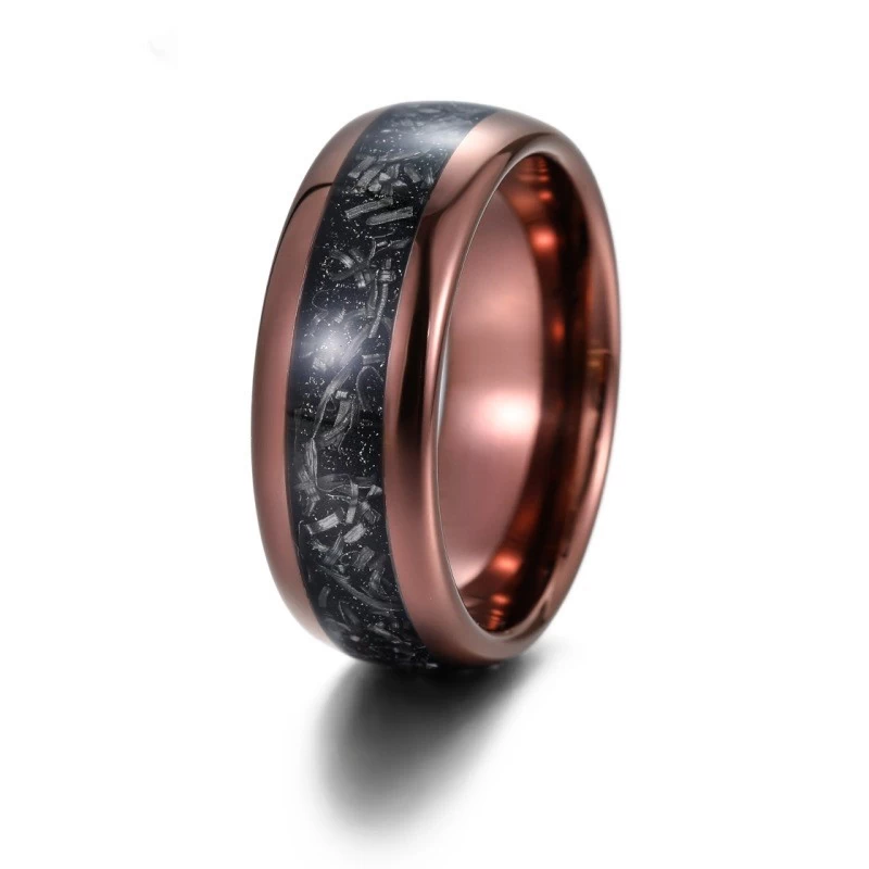 8mm Coffee Plating Domed Meteorite Tungsten Carbide Ring Brown Tungsten Wedding Bands with Chipped Iron Inlay China Supplier