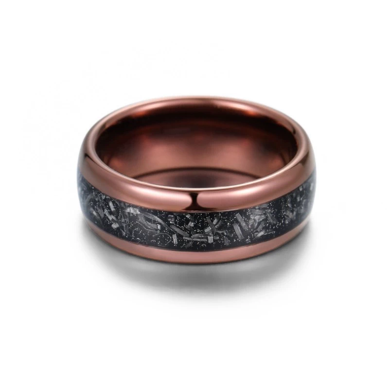 8mm Coffee Plating Domed Meteorite Tungsten Carbide Ring Brown Tungsten Wedding Bands with Chipped Iron Inlay China Supplier