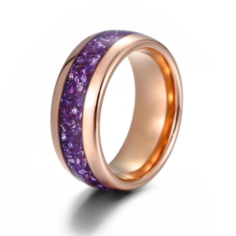 Baras de boda con tungsteno con cúpula de oro rosa de 8 mm con piedras de vidrio púrpura incrustado proveedor de porcelana