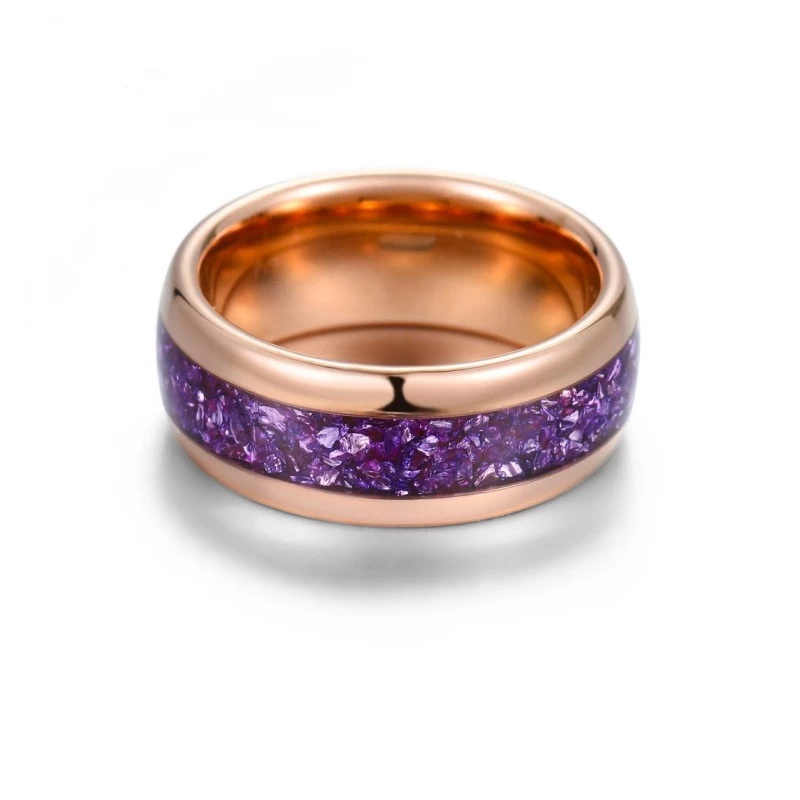 Baras de boda con tungsteno con cúpula de oro rosa de 8 mm con piedras de vidrio púrpura incrustado proveedor de porcelana