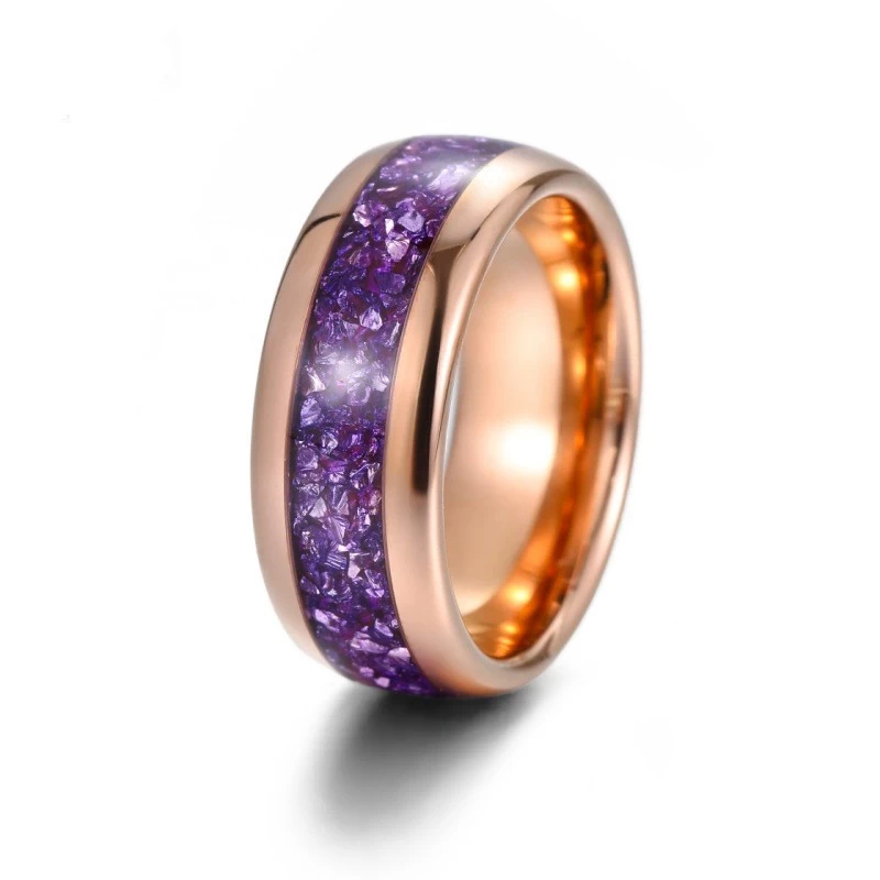 Baras de boda con tungsteno con cúpula de oro rosa de 8 mm con piedras de vidrio púrpura incrustado proveedor de porcelana