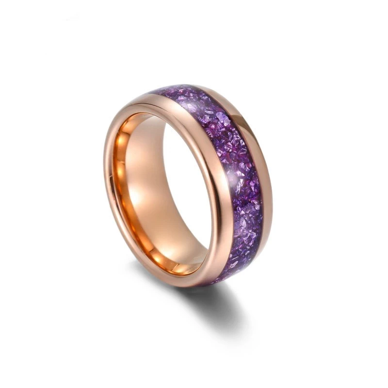 Baras de boda con tungsteno con cúpula de oro rosa de 8 mm con piedras de vidrio púrpura incrustado proveedor de porcelana