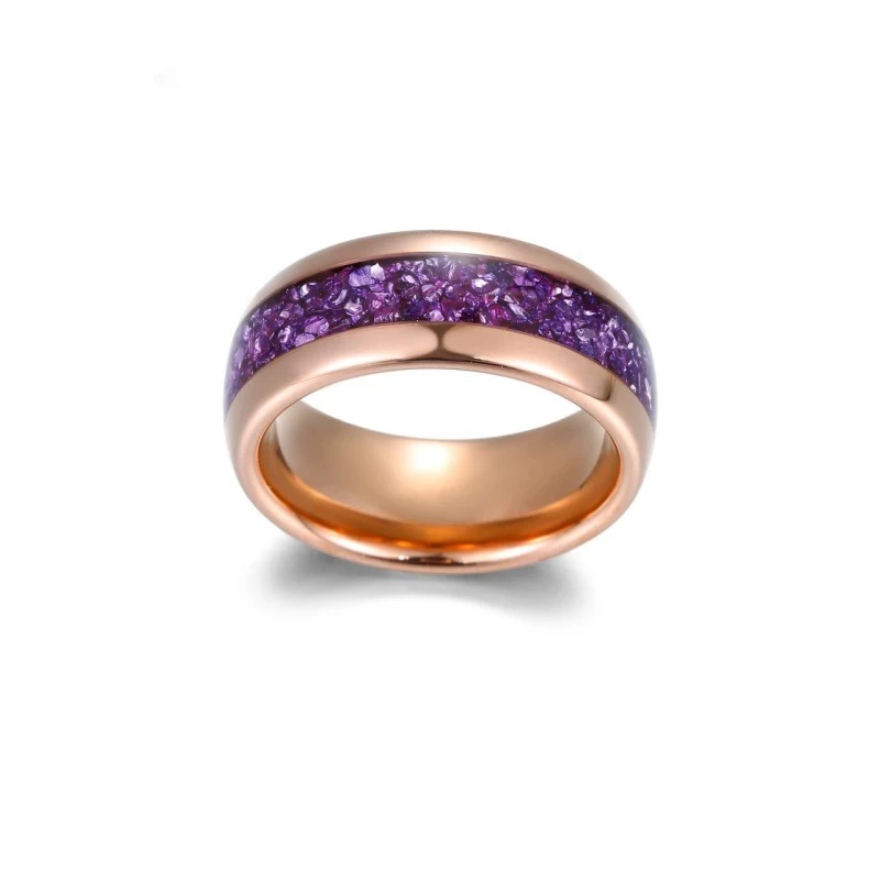 Baras de boda con tungsteno con cúpula de oro rosa de 8 mm con piedras de vidrio púrpura incrustado proveedor de porcelana