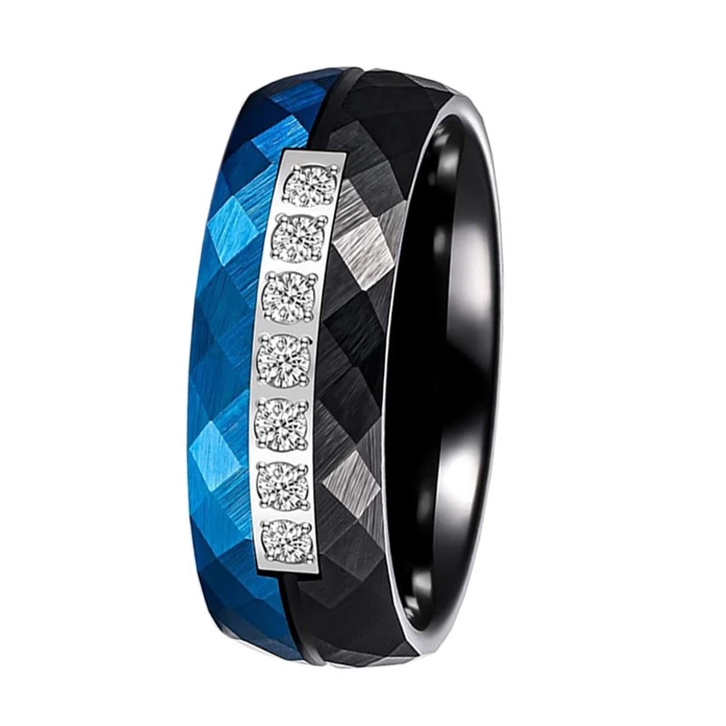 2025 New Design Men's Two Toned Faceted Black and Blue Tungsten Carbide Ring with Diamonds China Manufacturer