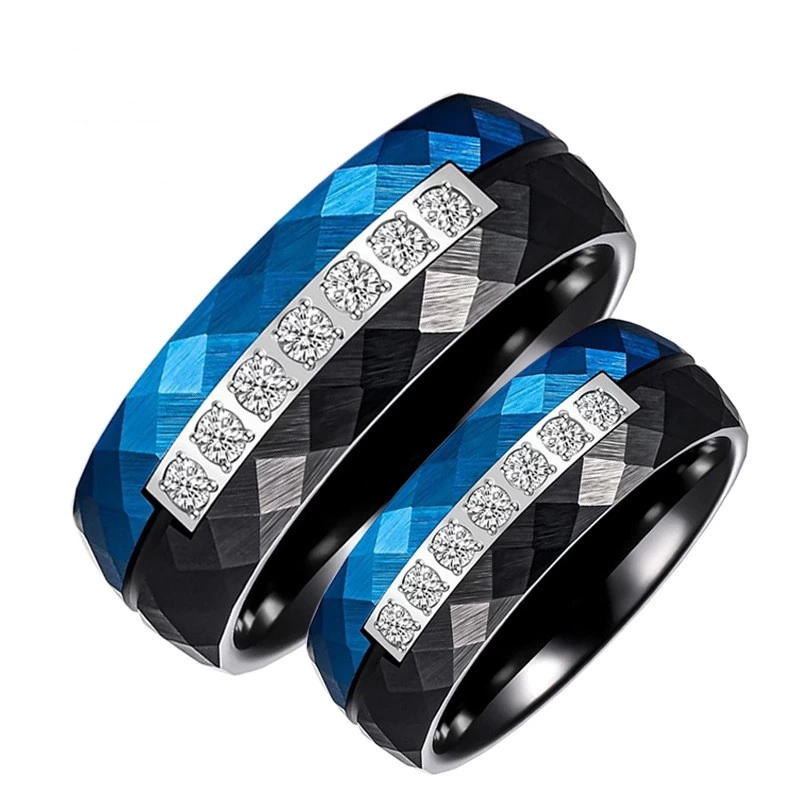 2025 New Design Men's Two Toned Faceted Black and Blue Tungsten Carbide Ring with Diamonds China Manufacturer