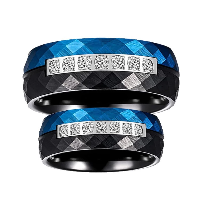 2025 New Design Men's Two Toned Faceted Black and Blue Tungsten Carbide Ring with Diamonds China Manufacturer