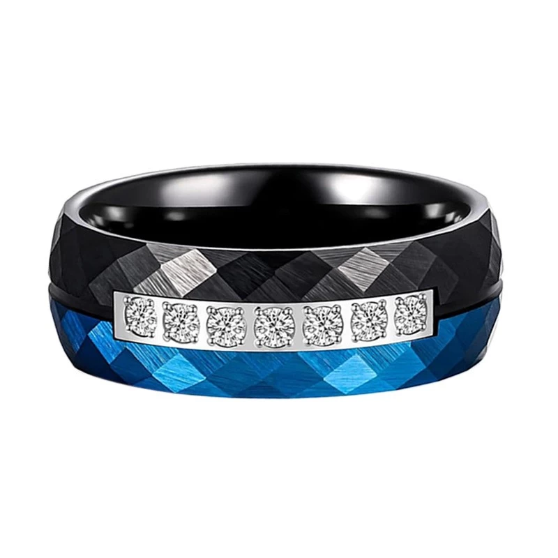 2025 New Design Men's Two Toned Faceted Black and Blue Tungsten Carbide Ring with Diamonds China Manufacturer