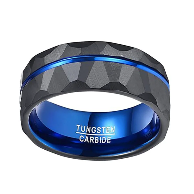 China Anillo de carburo de tungsteno negro y azul facetado de dos tonos para hombres Joyería masculina moderna Fabricantes