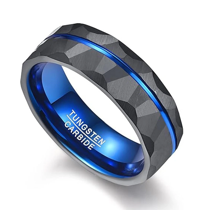 China Anillo de carburo de tungsteno negro y azul facetado de dos tonos para hombres Joyería masculina moderna Fabricantes