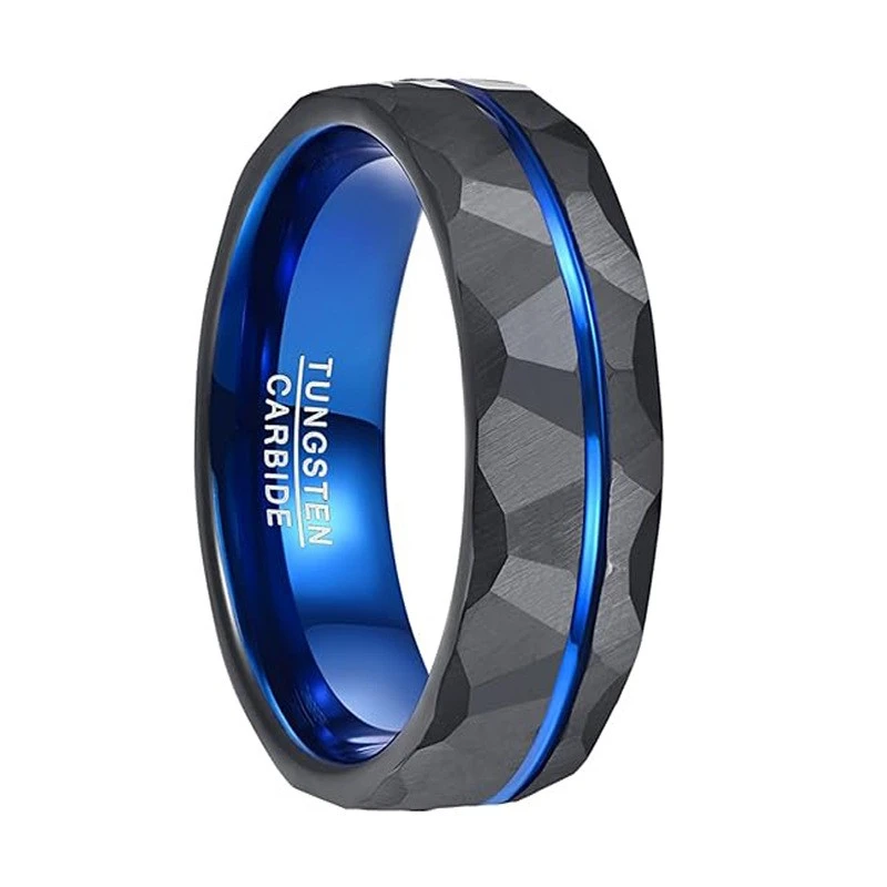 China Anillo de carburo de tungsteno negro y azul facetado de dos tonos para hombres Joyería masculina moderna Fabricantes
