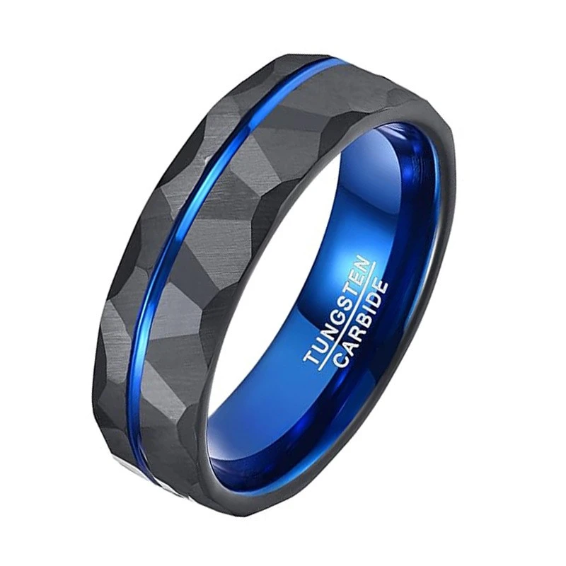 China Anillo de carburo de tungsteno negro y azul facetado de dos tonos para hombres Joyería masculina moderna Fabricantes