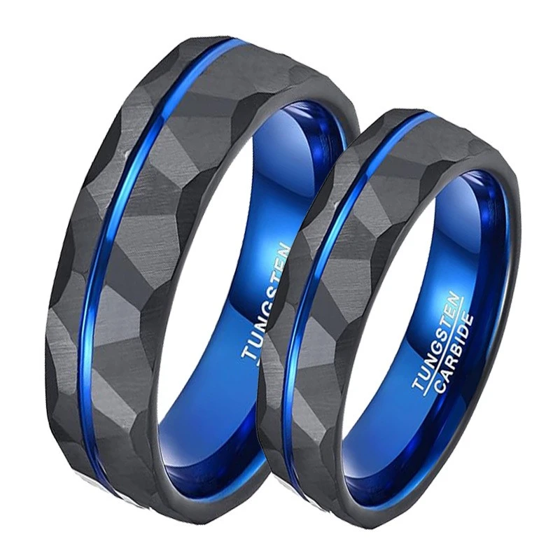 China Anillo de carburo de tungsteno negro y azul facetado de dos tonos para hombres Joyería masculina moderna Fabricantes