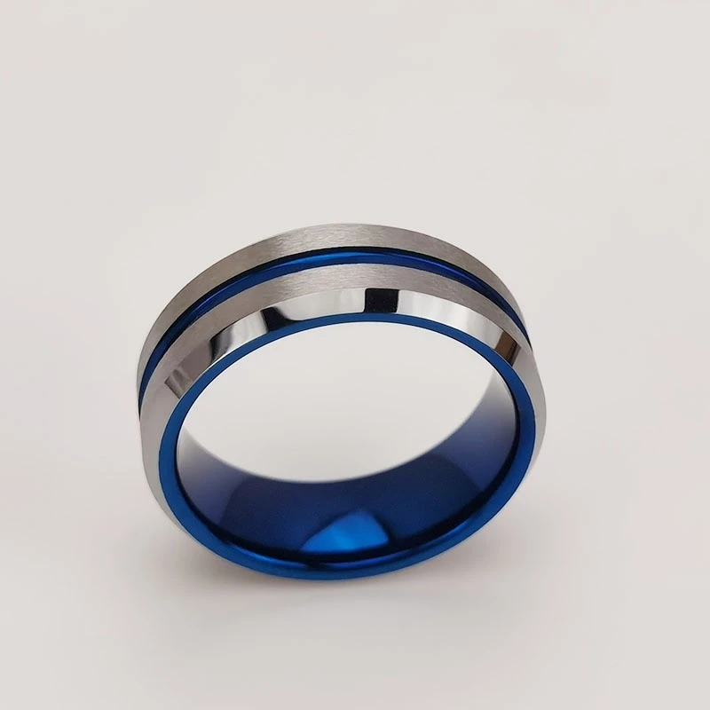 Ready to Ship No MOQ 8mm Brushed Blue Tungsten Ring Beveled Design with Groove Wholesale China Supplier