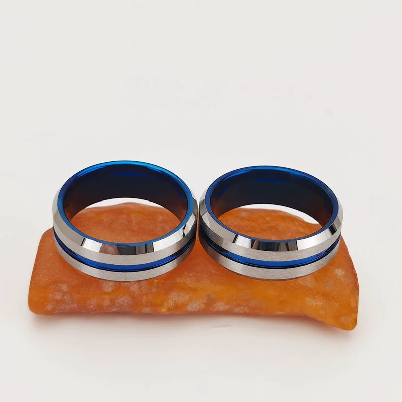 Ready to Ship No MOQ 8mm Brushed Blue Tungsten Ring Beveled Design with Groove Wholesale China Supplier