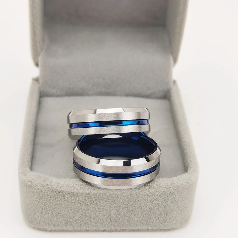 Ready to Ship No MOQ 8mm Brushed Blue Tungsten Ring Beveled Design with Groove Wholesale China Supplier