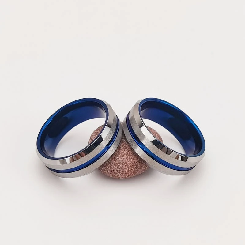 Ready to Ship No MOQ 8mm Brushed Blue Tungsten Ring Beveled Design with Groove Wholesale China Supplier