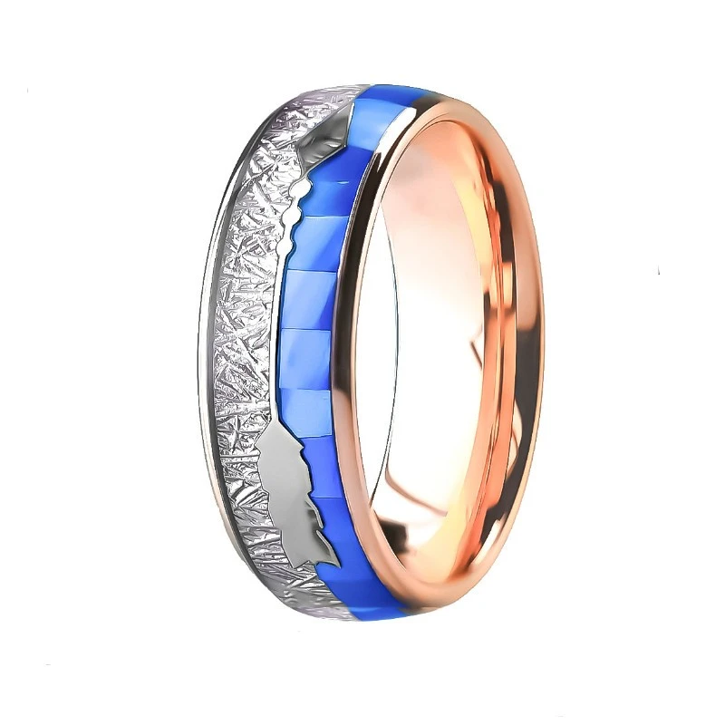 Bague en carbure de tungstène pour hommes de 8 mm avec placage en or rose 18 carats, incrustée de coquillages naturels bleus et de motifs de météorites - Vente en gros directe d'usine