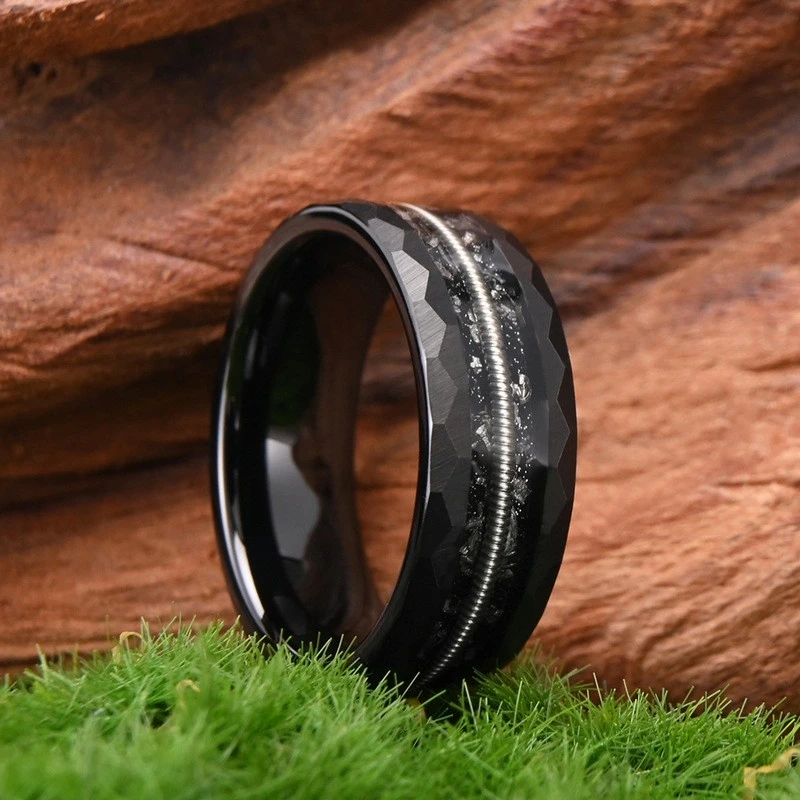 Hammered Black Tungsten Carbide Ring with Guitar String & Meteorite Inlay | B2B Supplier & OEM Factory