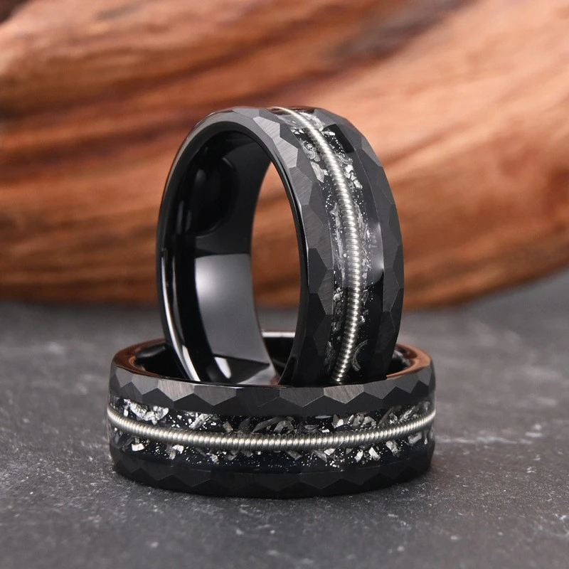 Hammered Black Tungsten Carbide Ring with Guitar String & Meteorite Inlay | B2B Supplier & OEM Factory