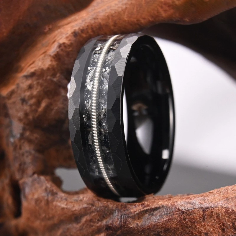Hammered Black Tungsten Carbide Ring with Guitar String & Meteorite Inlay | B2B Supplier & OEM Factory