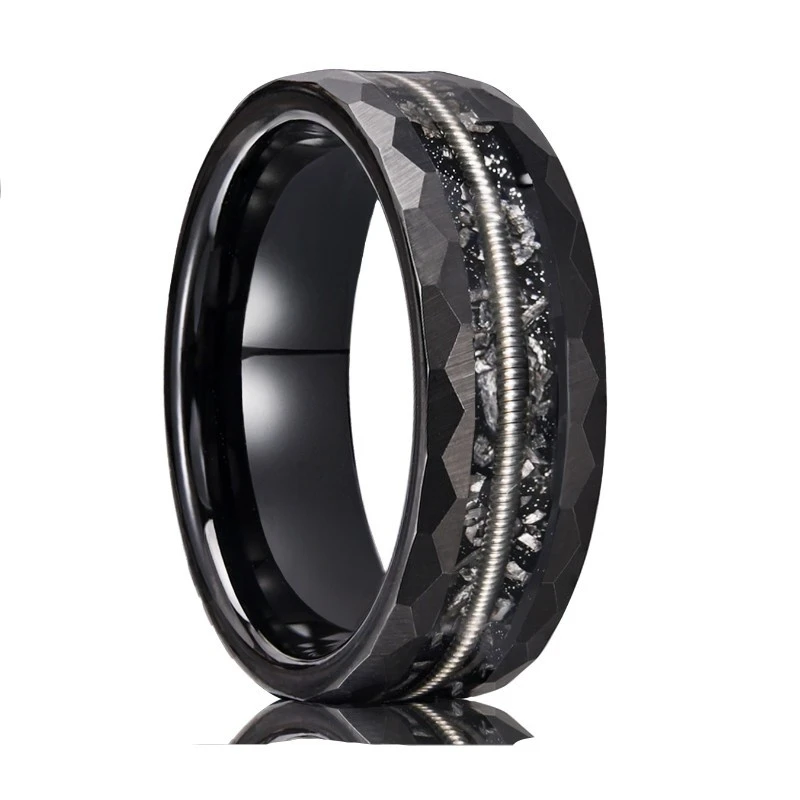 Hammered Black Tungsten Carbide Ring with Guitar String & Meteorite Inlay | B2B Supplier & OEM Factory