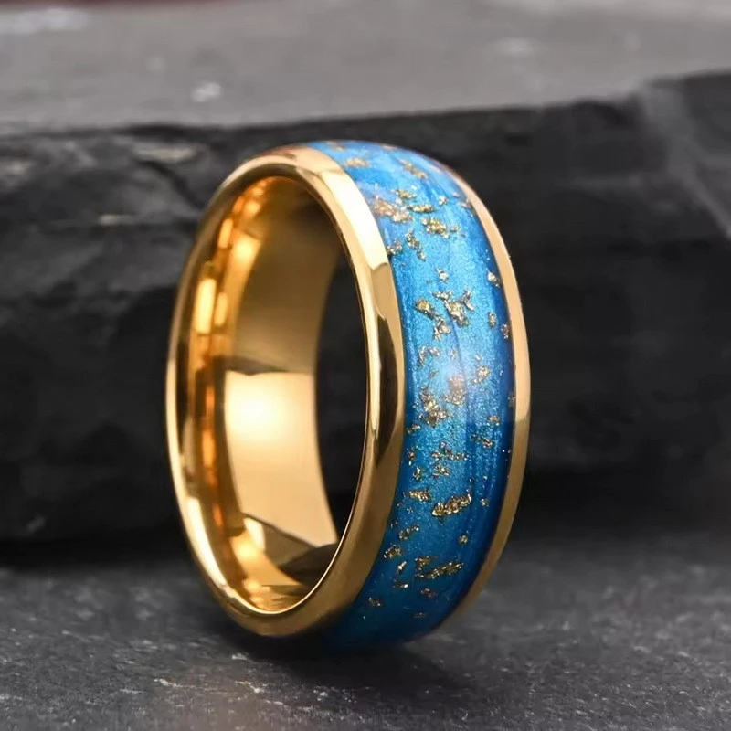 Anneaux de couple incurvés en carbure de tungstène de qualité supérieure de 8 mm avec flux d'or galvanisé et de sable bleu