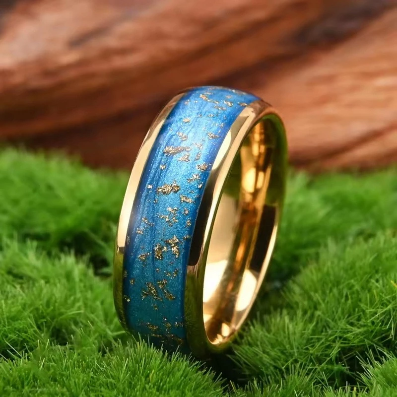 Anneaux de couple incurvés en carbure de tungstène de qualité supérieure de 8 mm avec flux d'or galvanisé et de sable bleu