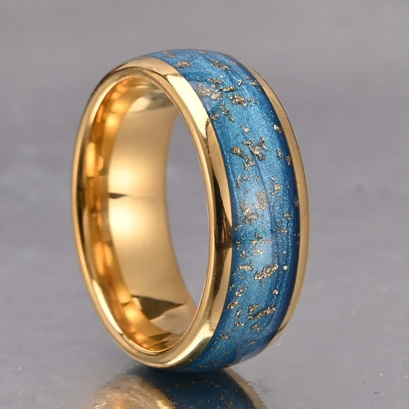 Anneaux de couple incurvés en carbure de tungstène de qualité supérieure de 8 mm avec flux d'or galvanisé et de sable bleu