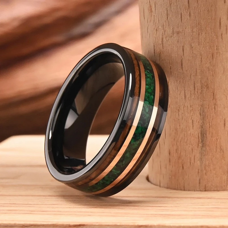 Industrial-Grade 8mm Tungsten Carbide Two-Tone Ring with Green Opal Inlay - Barrel-Shaped Wood Texture Design - Men's Wedding Band