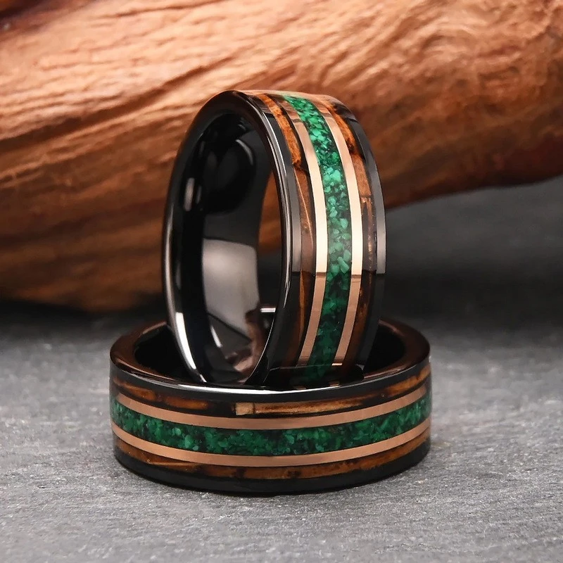 Industrial-Grade 8mm Tungsten Carbide Two-Tone Ring with Green Opal Inlay - Barrel-Shaped Wood Texture Design - Men's Wedding Band