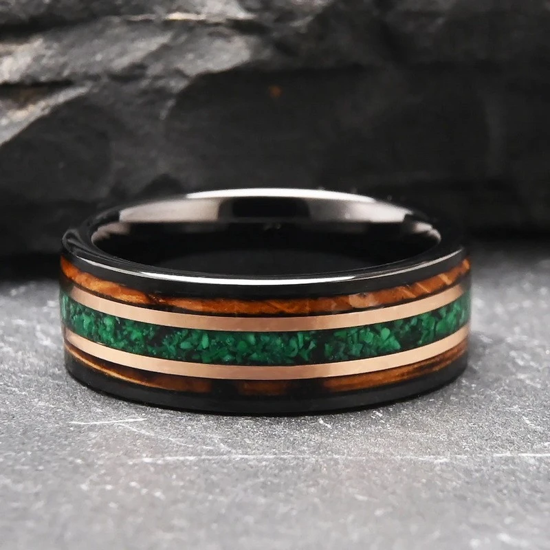 Industrial-Grade 8mm Tungsten Carbide Two-Tone Ring with Green Opal Inlay - Barrel-Shaped Wood Texture Design - Men's Wedding Band