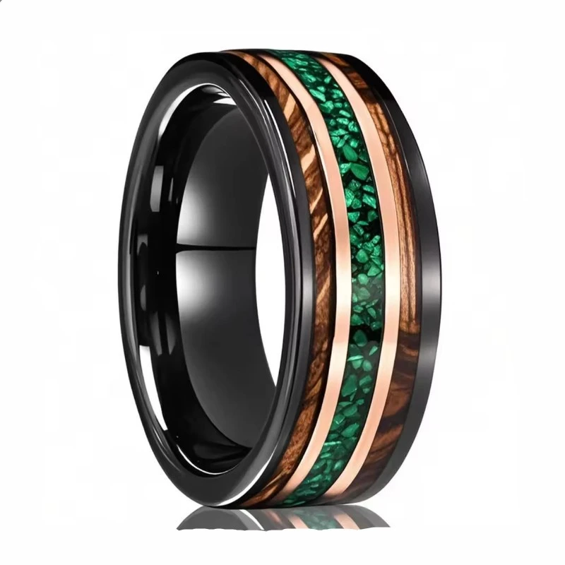 Industrial-Grade 8mm Tungsten Carbide Two-Tone Ring with Green Opal Inlay - Barrel-Shaped Wood Texture Design - Men's Wedding Band