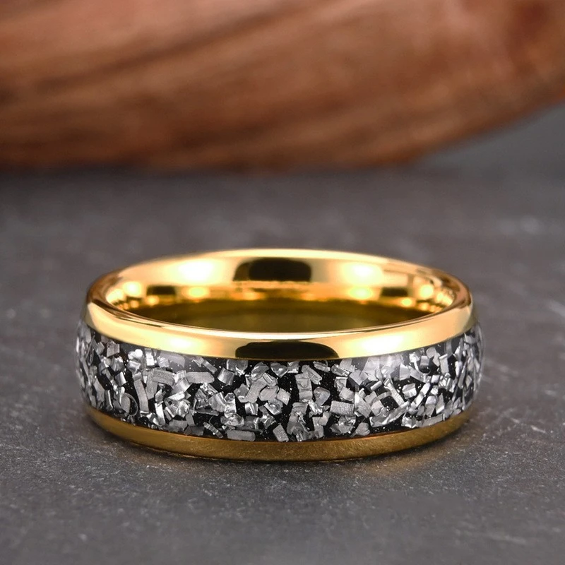 Bagues pour hommes en carbure de tungstène plaqué or 8 mm, avec incrustation de météorite, vente en gros