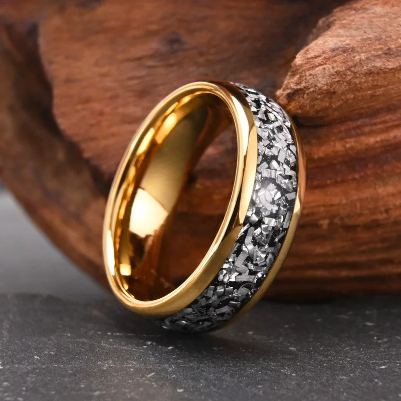 Bagues pour hommes en carbure de tungstène plaqué or 8 mm, avec incrustation de météorite, vente en gros