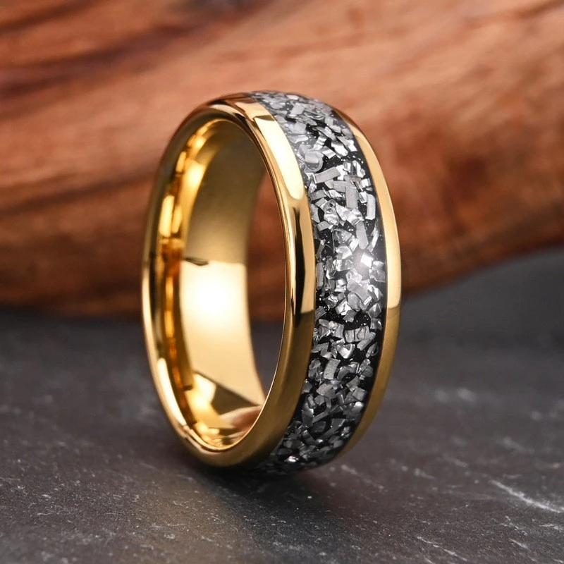Bagues pour hommes en carbure de tungstène plaqué or 8 mm, avec incrustation de météorite, vente en gros