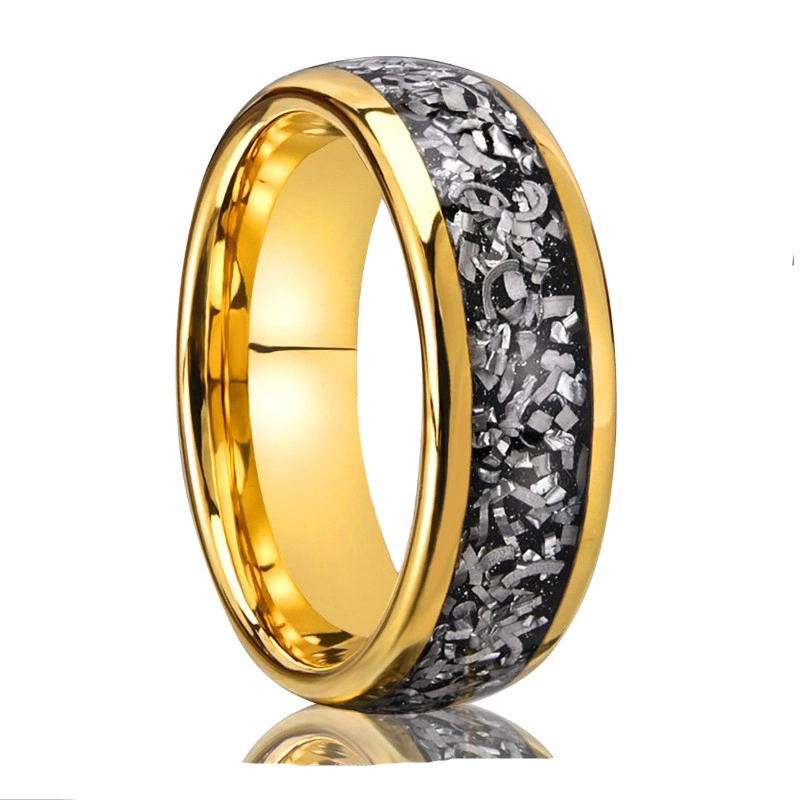 Bagues pour hommes en carbure de tungstène plaqué or 8 mm, avec incrustation de météorite, vente en gros