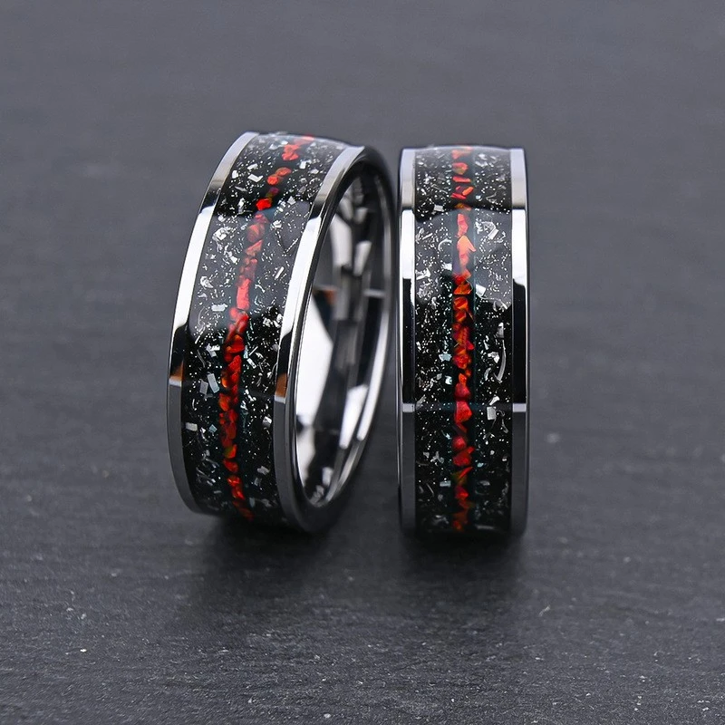 8mm Tungsten Carbide Flat Ring Wholesale: Meteorite & Red Opal Inlay for Modern Wedding Bands
