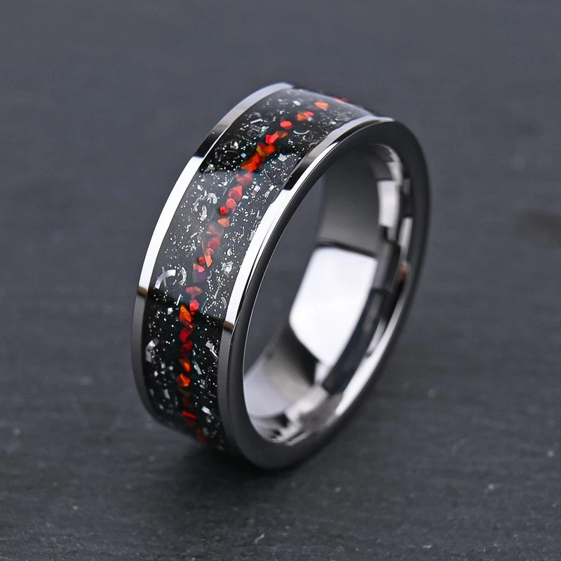 8mm Tungsten Carbide Flat Ring Wholesale: Meteorite & Red Opal Inlay for Modern Wedding Bands
