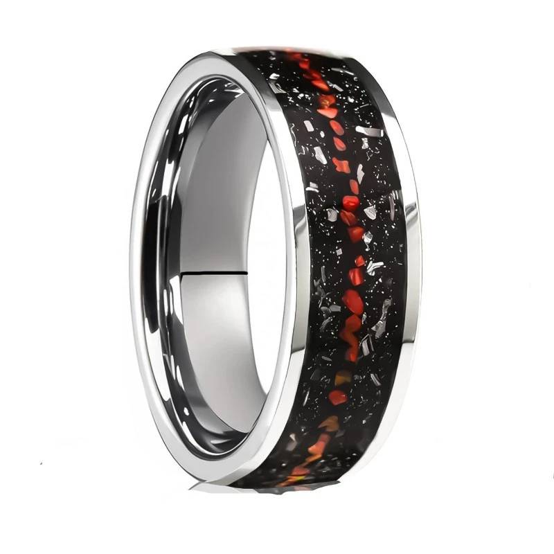 8mm Tungsten Carbide Flat Ring Wholesale: Meteorite & Red Opal Inlay for Modern Wedding Bands