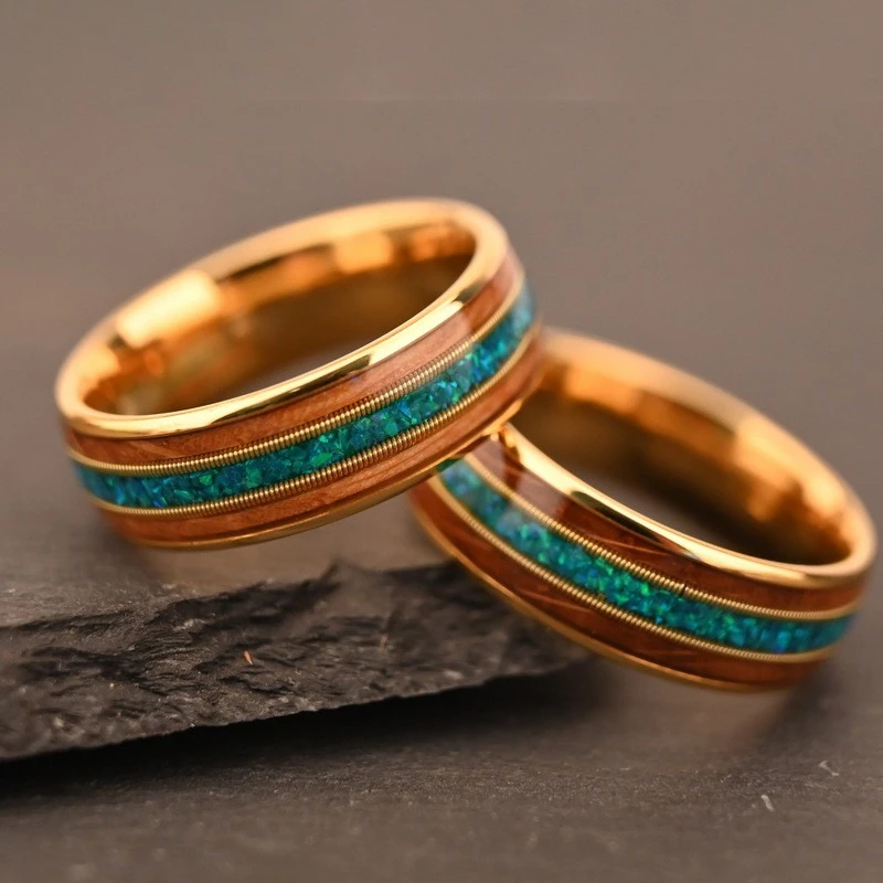 Premium 8mm Electroplated Gold Tungsten Wedding Ring with Spherical Malachite Inlay - Barrel-Shaped Guitar String Design