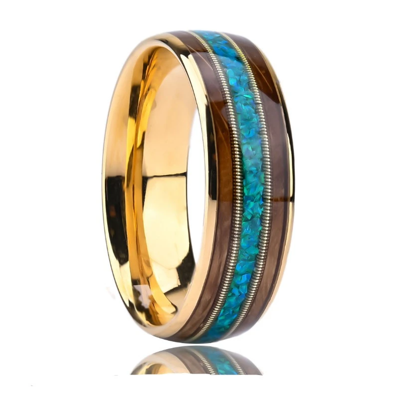 Premium 8mm Electroplated Gold Tungsten Wedding Ring with Spherical Malachite Inlay - Barrel-Shaped Guitar String Design