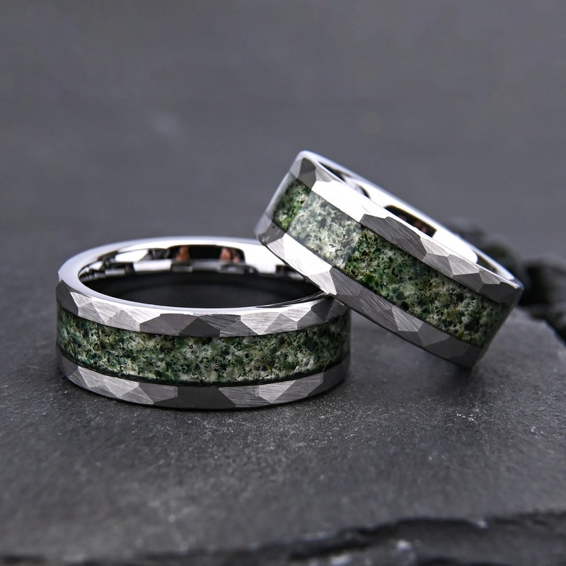 Anneau en carbure de tungstène martelé de 8 mm avec incrustation d'agate mousse - Nouveau fabricant en gros de conception