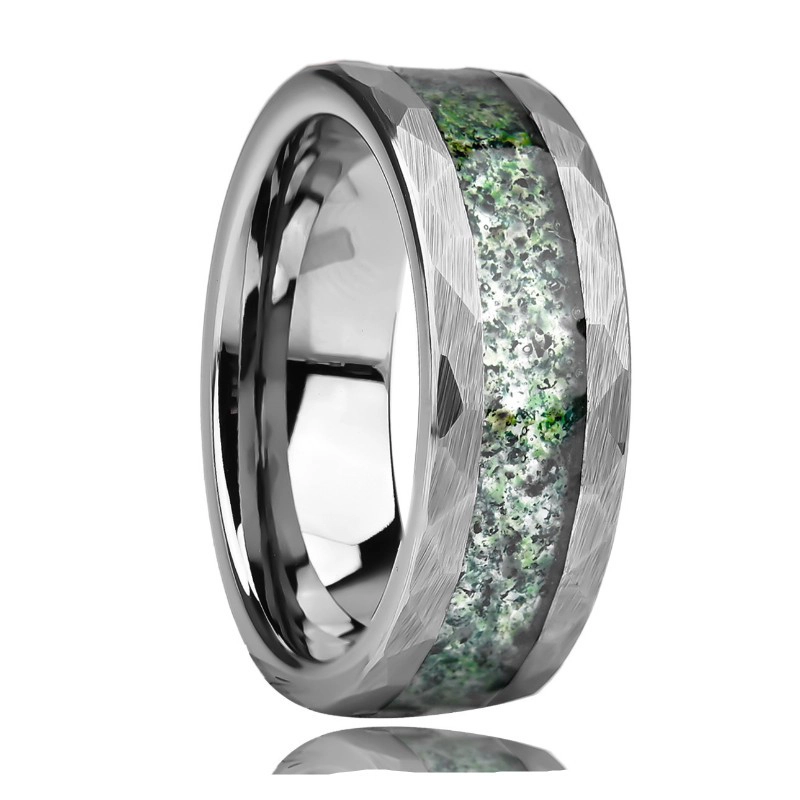 Anneau en carbure de tungstène martelé de 8 mm avec incrustation d'agate mousse - Nouveau fabricant en gros de conception