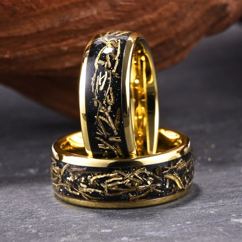 8mm Tungsten Carbide Gold-Plated Men's Ring with Copper Wire & Black Sandstone Inlay,