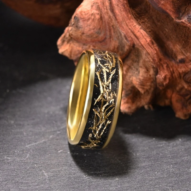 8mm Tungsten Carbide Gold-Plated Men's Ring with Copper Wire & Black Sandstone Inlay,