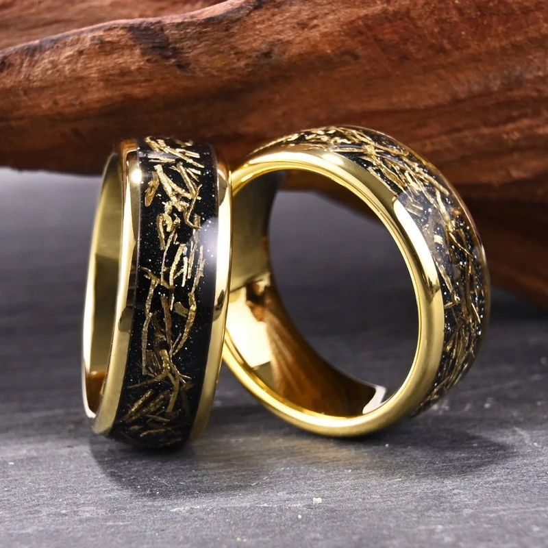 8mm Tungsten Carbide Gold-Plated Men's Ring with Copper Wire & Black Sandstone Inlay,