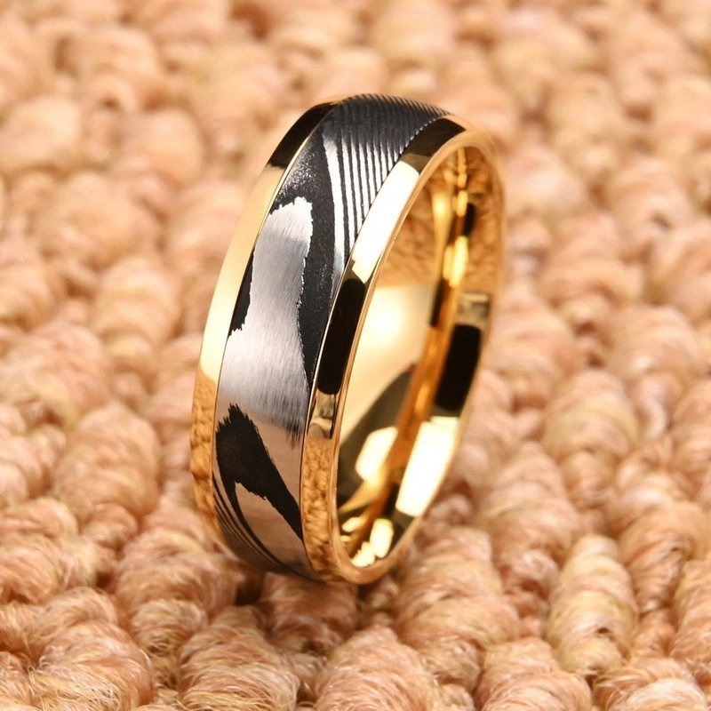 Premium 8 mm zweifarbiger Damast- und Edelstahlring für den Großhandel